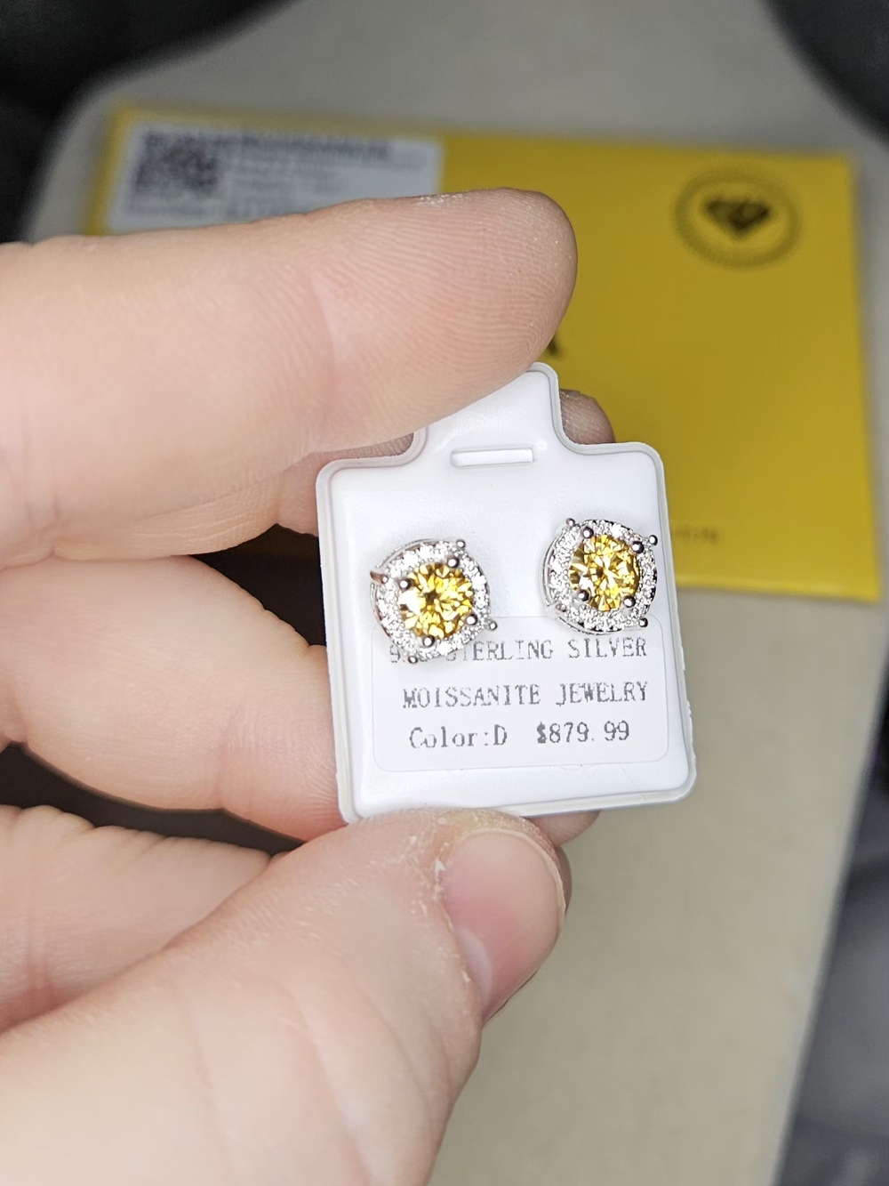Sterling Silver Yellow Moissanite Halo Screw Back Stud Earrings - Picture 3 of 6